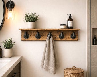 Rustic Wood Shelf With Hooks, Coat Rack, Towel Hooks, Entryway