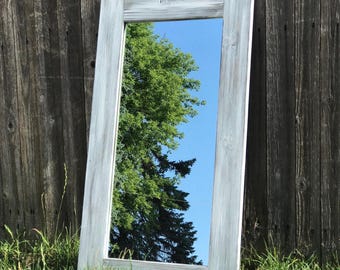 Gray Whitewash Wood Frame Bathroom Mirror, Rustic Farmhouse Large & Small Vanity Mirror, Decorative Wood Wall Mirror for Home Gift
