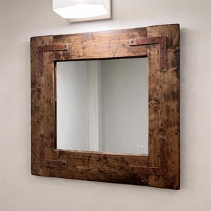 Handmade Rustic Distressed Pine Wood Mirror with Rusty Corner Brackets