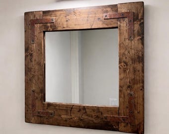 Handmade Rustic Distressed Pine Wood Mirror with Rusty Corner Brackets