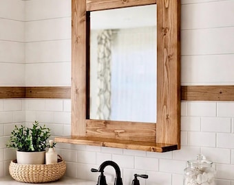 Handmade Provincial Wood Framed Mirror with Shelf: Farmhouse Entryway Mirror