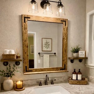 Mirror with 3.5" Deep Shelf, Farmhouse Framed Wall Mirror, 19 Stain Colors, Bathroom Mirror, Lulight Vanity Mirror, Rustic Wood Frame Mirror