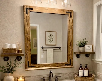 Mirror with 3.5" Deep Shelf, Farmhouse Framed Wall Mirror, 19 Stain Colors, Bathroom Mirror, Lulight Vanity Mirror, Rustic Wood Frame Mirror
