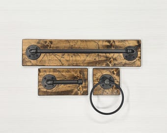 Rustic Bathroom Set, Wall Decor, Towel Bar, Toilet Paper Holder, Towel Ring, Bath Wood Set, Pipe Set, Towel Rack, Unique Bath Set, Gift