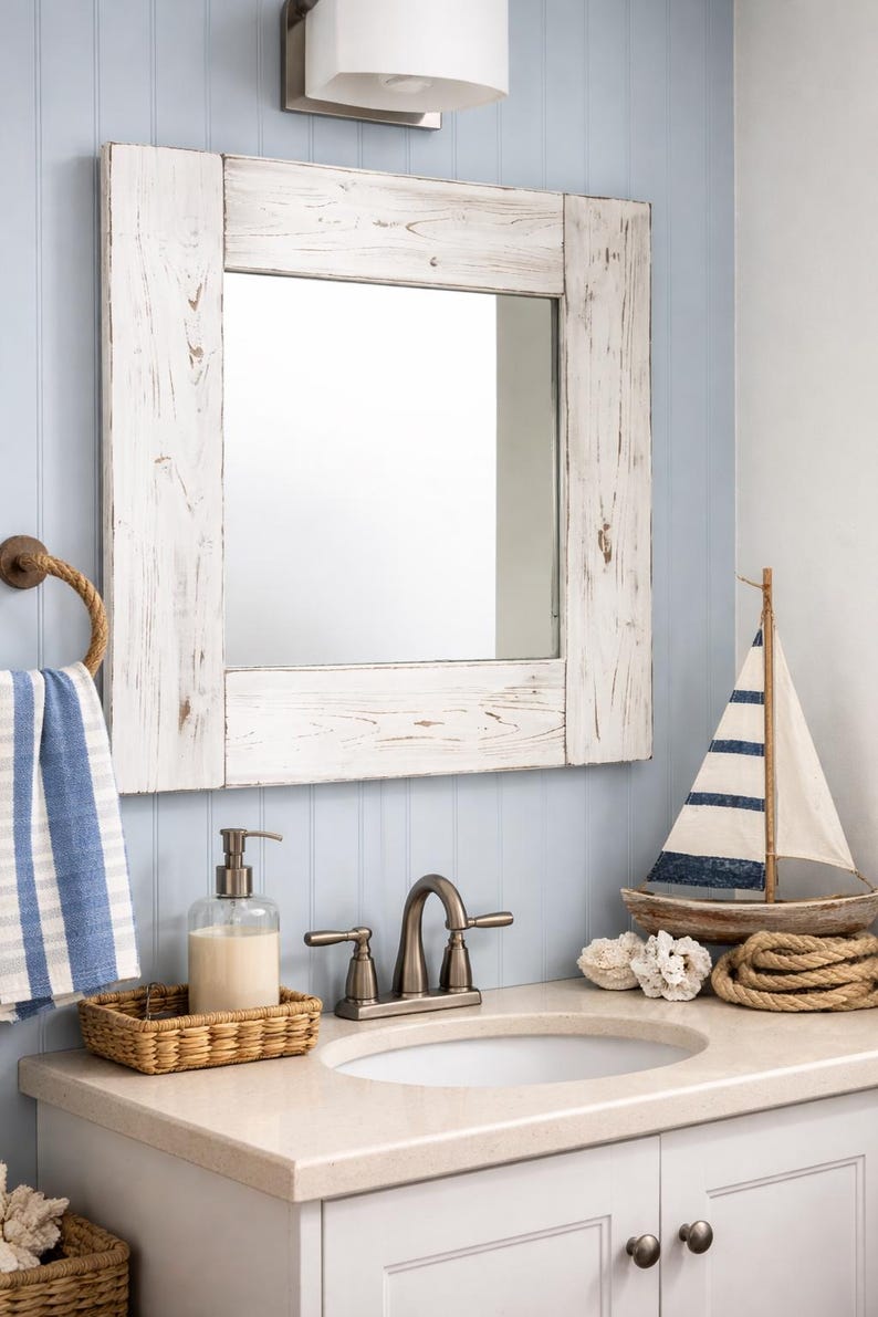 whitewash wood framed mirror rustic farmhouse bathroom vanity wall mirror handmade USA