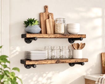 Rustic Wood Wall Shelf with Pipe Brackets, 3.5 or 5.5 Inch Deep