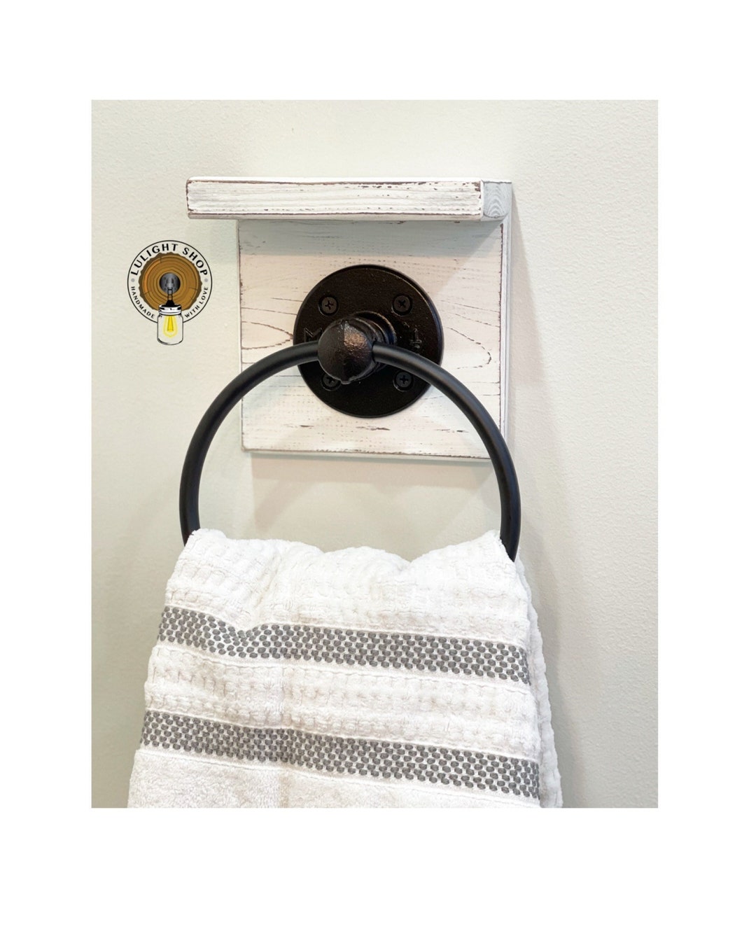 WHITEWASH Hand Towel Ring With Shelf and Backing Wood Etsy