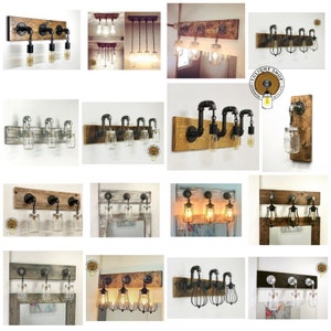 May include: A collage of 10 different styles of industrial pipe and mason jar light fixtures. The fixtures are made with black pipe and have a rustic, farmhouse style. Some of the fixtures have glass mason jars, while others have wire cages. The fixtures are all mounted on wooden boards.