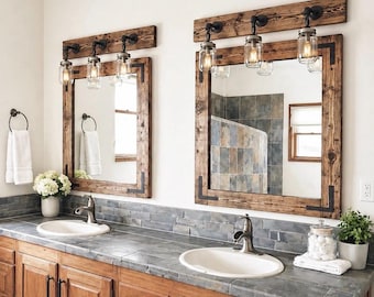 Rustic Distressed Wood Framed Mirror with Oil Bronze Metal Brackets, Farmhouse Bathroom and Wall Mirror, Vanity Decor Made in USA