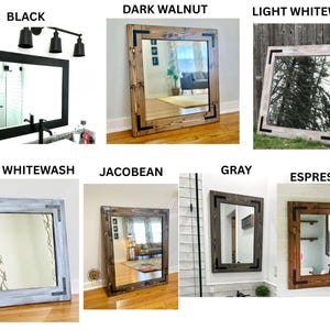 May include: A collage of ten different wood framed mirrors with black accents. The frames are in various wood stains, including black, dark walnut, light whitewash, gray whitewash, jacobean, gray, and espresso.