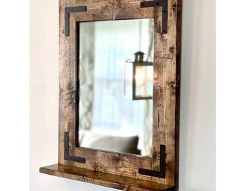 Rustic Distressed Mirror With a 3.5&quot; Deep Bottom Shelf - Small Large Bathroom Mirror - Wood Framed Mirror - Wall Farmhouse Mirror