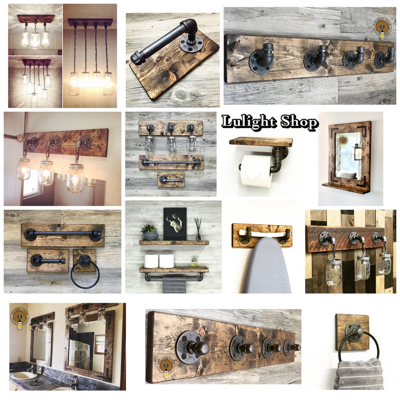 May include: A collection of rustic industrial style home decor items, including a light fixture, towel rack, toilet paper holder, shelf, and coat rack. All items feature exposed black pipe fittings and reclaimed wood.