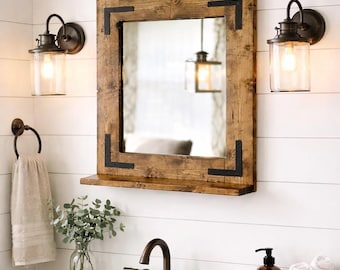 Rustic Distressed Mirror With a 3.5" Deep Bottom Shelf - Small Large Bathroom Mirror - Wood Framed Mirror - Wall Farmhouse Mirror