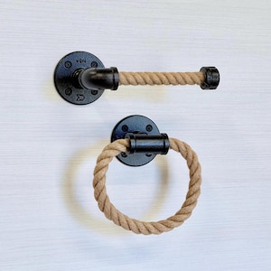 Rustic Rope Bathroom Set | Nautical Coastal Decor | Rope Towel Ring and Toilet Paper Holder | Lake House Accessories | Handmade in USA Gift