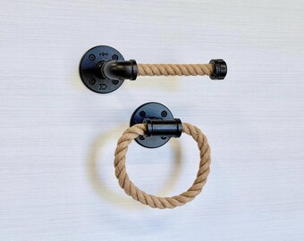 Rustic Rope Bathroom Set | Nautical Coastal Decor | Rope Towel Ring and Toilet Paper Holder | Lake House Accessories | Handmade in USA Gift
