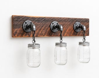Rustic Reclaimed Wood Mason Jar Bathroom Vanity Light - 3 Light Farmhouse Wall Lamp, Country Wall Lighting