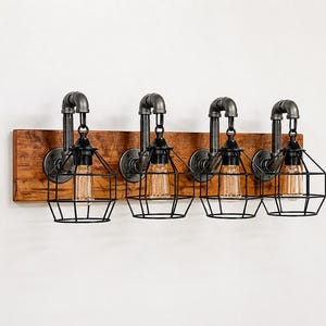 Reclaimed Wood Vanity Light Fixture – 4 Cage Industrial Wall Sconce | Rustic Farmhouse Bathroom Light