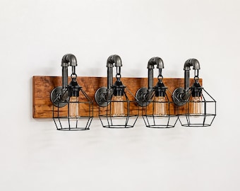 Reclaimed Wood Vanity Light Fixture – 4 Cage Industrial Wall Sconce | Rustic Farmhouse Bathroom Light
