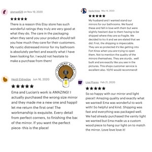 Pu&ograve; includere: Immagine delle recensioni dei clienti del negozio Etsy. Le recensioni menzionano la qualit&agrave; di specchi e luci, la cura nell'imballaggio e l'eccellente servizio clienti. Il logo del negozio &egrave; una lampadina all'interno di un cerchio di legno.