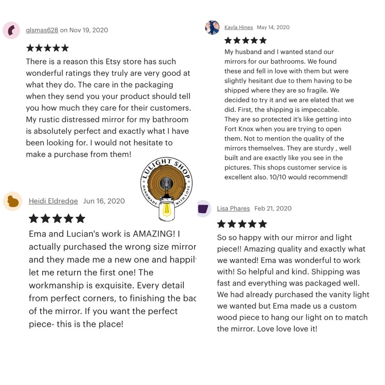 Pu&ograve; includere: Immagine delle recensioni dei clienti del negozio Etsy. Le recensioni menzionano la qualit&agrave; di specchi e luci, la cura nell'imballaggio e l'eccellente servizio clienti. Il logo del negozio &egrave; una lampadina all'interno di un cerchio di legno.