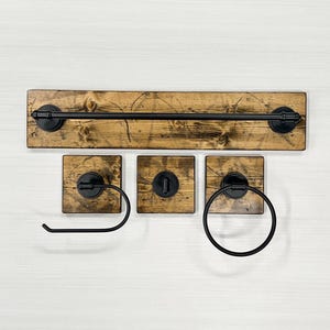 Farmhouse Bathroom Set of 4 | Rustic Bath Hardware | Towel Bar,Toilet Paper Holder,Towel-Washcloth Ring,Robe Hook | Traditional Home Decor