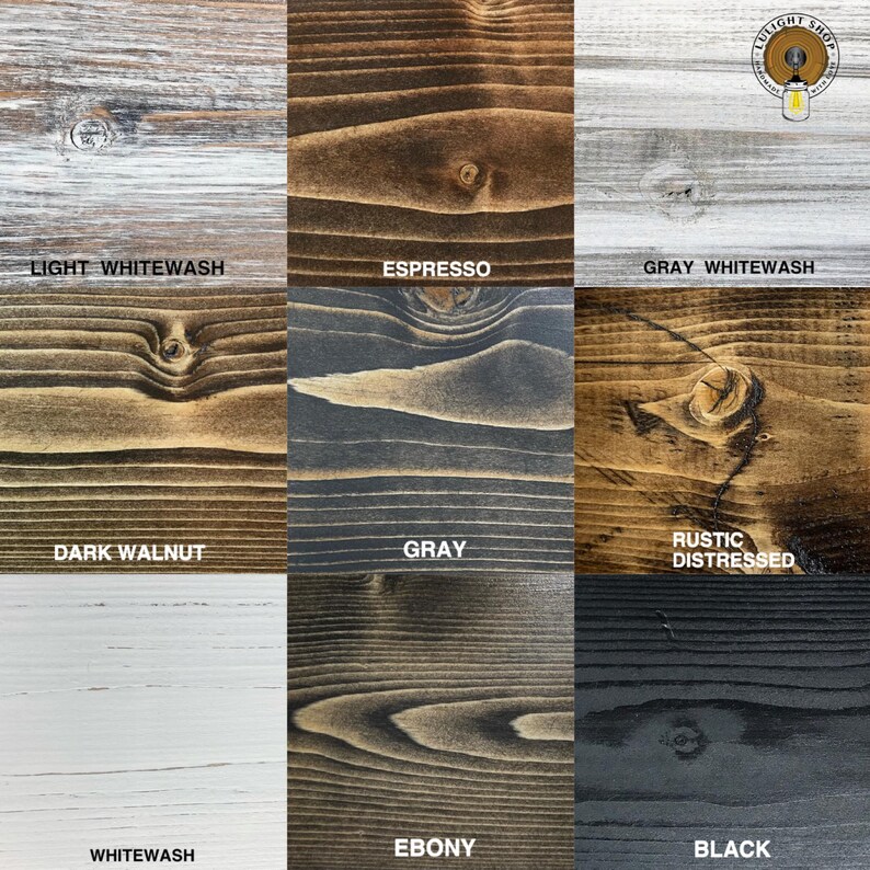 Pu&ograve; includere: Una tavolozza di colori che mostra varie opzioni di verniciatura del legno. L'immagine mostra campioni etichettati come "Light Whitewash", "Espresso", "Gray Whitewash", "Dark Walnut", "Gray", "Rustic Distressed", "Whitewash", "Ebony" e "Black".