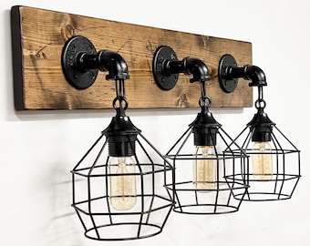 Farmhouse Bathroom Lighting, Industrial Rustic Wall Vanity Light, Bathroom Decor Wood Fixture, Over Mirror Cage Light