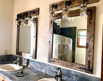 RUSTIC DISTRESSED Mirror With Oil Rubbed Bronze Corner Brackets, Farmhouse Mirror, Rustic Mirror, Bathroom Mirror, Mirror Wall, Farm Mirror