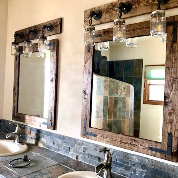 RUSTIC DISTRESSED Mirror With Oil Rubbed Bronze Corner Brackets, Farmhouse Mirror, Rustic Mirror, Bathroom Mirror, Mirror Wall, Farm Mirror