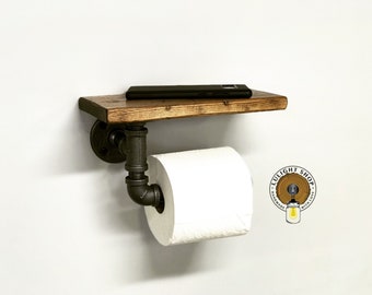 Toilet Paper Holder With Rustic Distressed Shelf, Bathroom Accessories, Farmhouse Decor, Bathroom Pipe TP Holder, Pipe Toilet Paper Storage