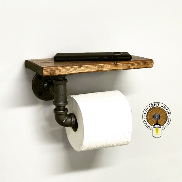 Toilet Paper Holder With Rustic Distressed Shelf, Bathroom Accessories, Farmhouse Decor, Bathroom Pipe TP Holder, Pipe Toilet Paper Storage