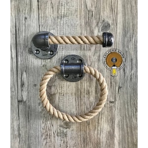 Rustic Rope Bathroom Set, Lake House Decor, Bathroom Rustic Decor, Rope Towel Holder, Pipe Toilet Paper Holder, Modern Rustic Bathroom Ideas