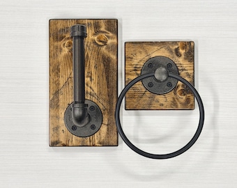 Industrial Pipe Bathroom Set of 2, Towel Ring & Toilet Paper Holder