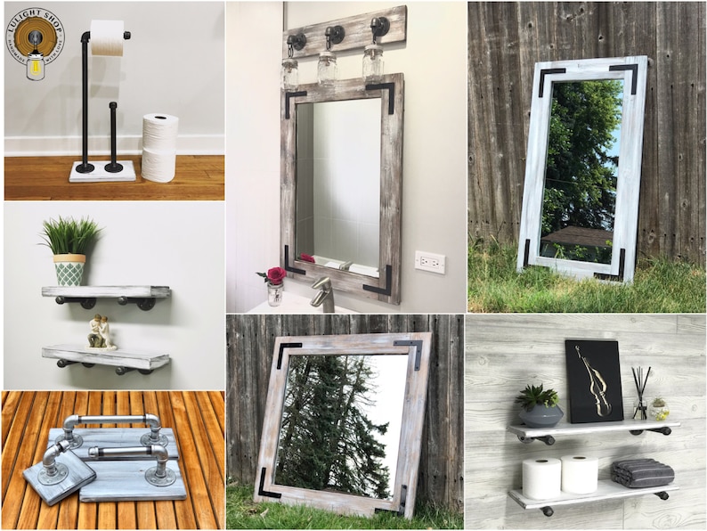Pu&ograve; includere: Una collezione di accessori e decorazioni rustiche per il bagno. Include un portarotolo di carta igienica in tubo nero e legno, uno specchio incorniciato con angoli neri e mensole sospese con staffe a tubo. Tavolozza di colori neutra.
