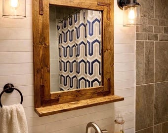 Handmade Farmhouse Wood Framed Mirror with Shelf and Copper Corner Brackets - Rustic Vanity Mirror