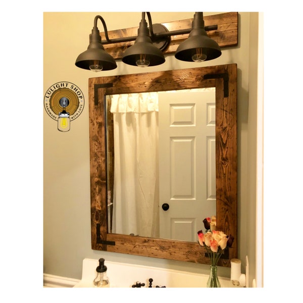 Set of Mirror and Light Fixture, Rustic Bathroom Farmhouse Set, Mirror with Brackets, Vanity Bathroom Set with 3 Black Metal Shades Light