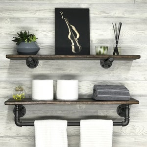 Industrial Towel Bar with Shelf & Floating Shelf | 7.25&quot; Deep Rustic Modern Bathroom Towel Holder and Decor Shelves