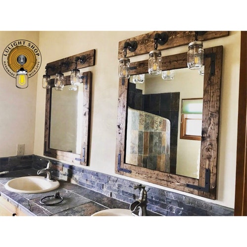 Bathroom Set RUSTIC DISTRESSED Mason Jar Light and Mirror - Etsy