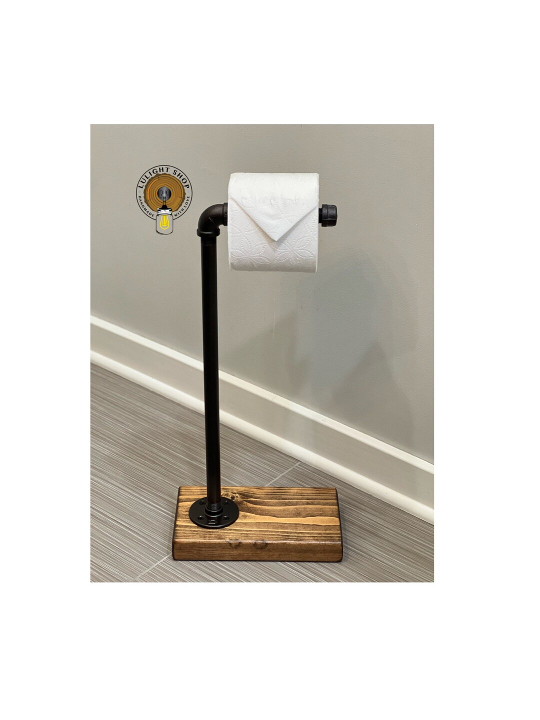 Toilet Paper Floor Stand, 19 Wood Colors, Rustic Pipe Industrial Stand