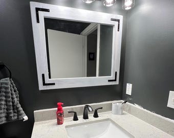 Whitewash Wood Frame Mirror | Rustic Farmhouse Wall & Bathroom Mirror | Vanity, Entryway Mirror | Custom Sizes | Metal Brackets Option