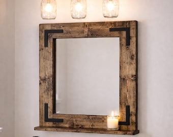 RUSTIC DISTRESSED Farmhouse Mirror with Shelf – Wood Framed Bathroom Wall Mirror – Custom Sizes Available