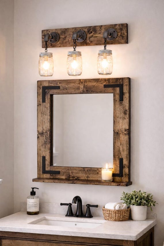 RUSTIC DISTRESSED Farmhouse Mirror with Shelf – Wood Framed Bathroom Wall Mirror – Custom Sizes Available