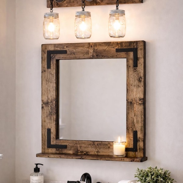 RUSTIC DISTRESSED Farmhouse Mirror with Shelf – Wood Framed Bathroom Wall Mirror – Custom Sizes Available
