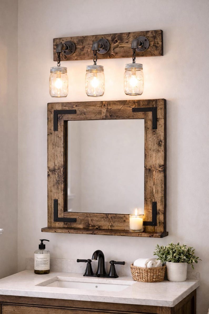 May include: A rustic wooden mirror with a  fbottom shelf. The frame is made of reclaimed wood and has a dark brown stain. The mirror has a simple, modern design and would be a great addition to any home.