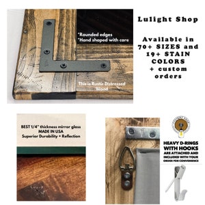 May include: A rustic distressed wood mirror frame with a black metal corner bracket, 1/4 inch thick mirror glass, and heavy D-ring hardware. Text includes Lulight Shop, Available in 70+ SIZES and 19+ STAIN COLORS, Rounded edges, Hand shaped with care.