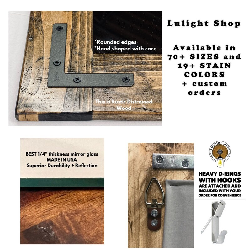 May include: A rustic distressed wood mirror frame with a black metal corner bracket, 1/4 inch thick mirror glass, and heavy D-ring hardware. Text includes Lulight Shop, Available in 70+ SIZES and 19+ STAIN COLORS, Rounded edges, Hand shaped with care.