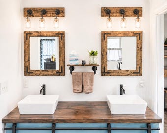 Rustic Mirror with Black Brackets | Wood Framed Mirror | Handmade Wood Farmhouse Wall Mirror | Custom Sizes Available