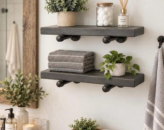 Gray Wood Wall Shelf With Pipe Brackets, 5.5 Inch Deep, Rustic