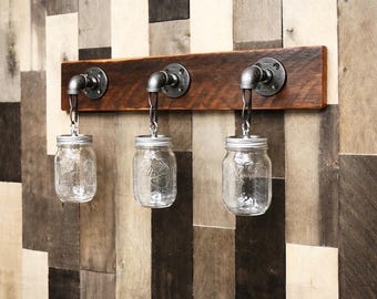2 - 6 Jars Farmhouse Bathroom Lighting, Clear Glass, Industrial Rustic Wall Vanity Light, Bathroom Decor Wood Fixture, Over Mirror Pendant