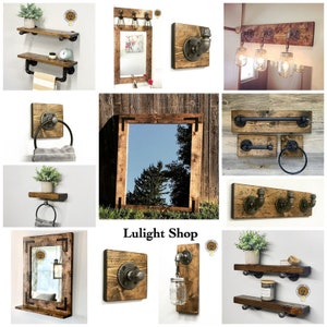 Puede incluir: Una colecci&oacute;n de art&iacute;culos de decoraci&oacute;n de ba&ntilde;o r&uacute;sticos hechos de madera y accesorios de tuber&iacute;a de metal. Los art&iacute;culos incluyen estantes, espejos, toalleros y ganchos. Los art&iacute;culos est&aacute;n todos en un acabado de madera oscura con detalles met&aacute;licos negros. El texto "Lulight Shop" es visible en el centro de la imagen.
